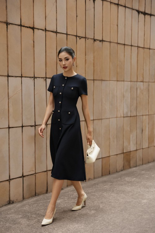 Sixdo Navy Woven Flared Dress